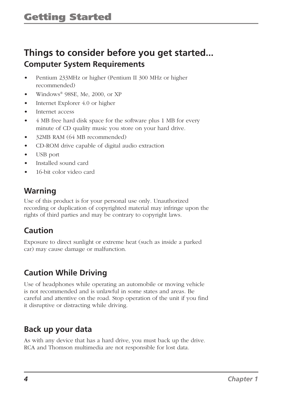 Computer system requirements, Warning, Caution | Caution while driving, Back up your data | RCA Lyra RD2840 User Manual | Page 6 / 58