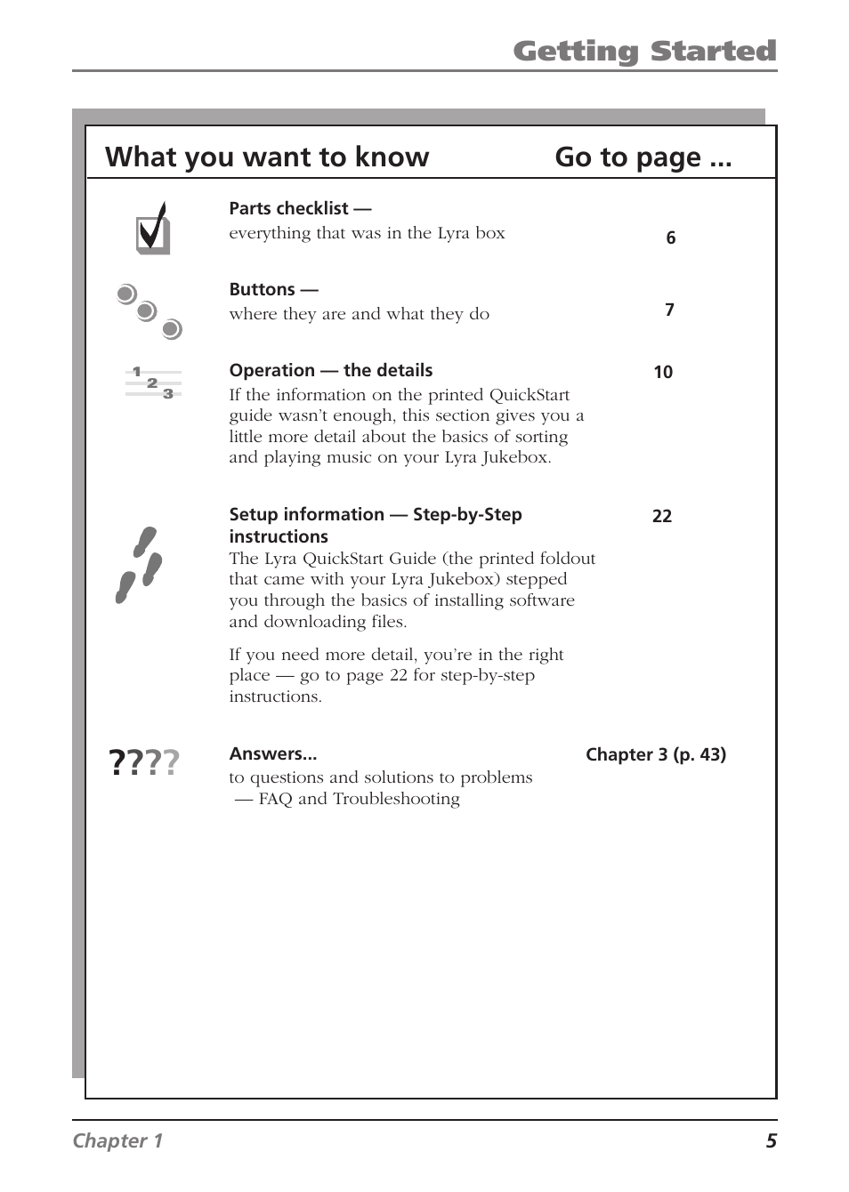 Getting started, What you want to know go to page | RCA Lyra RD2840 User Manual | Page 7 / 58