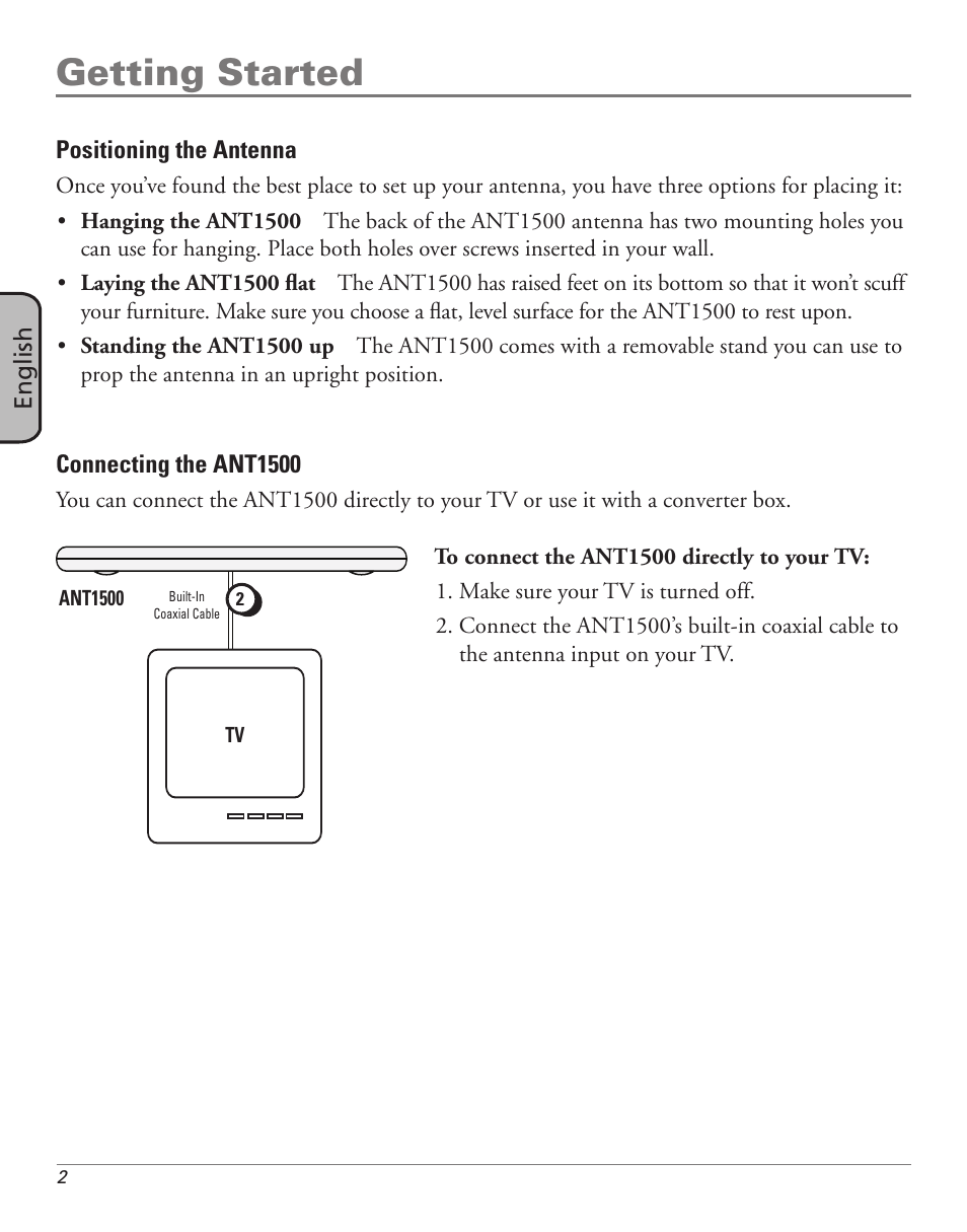 Getting started | RCA ANT1500 User Manual | Page 2 / 8