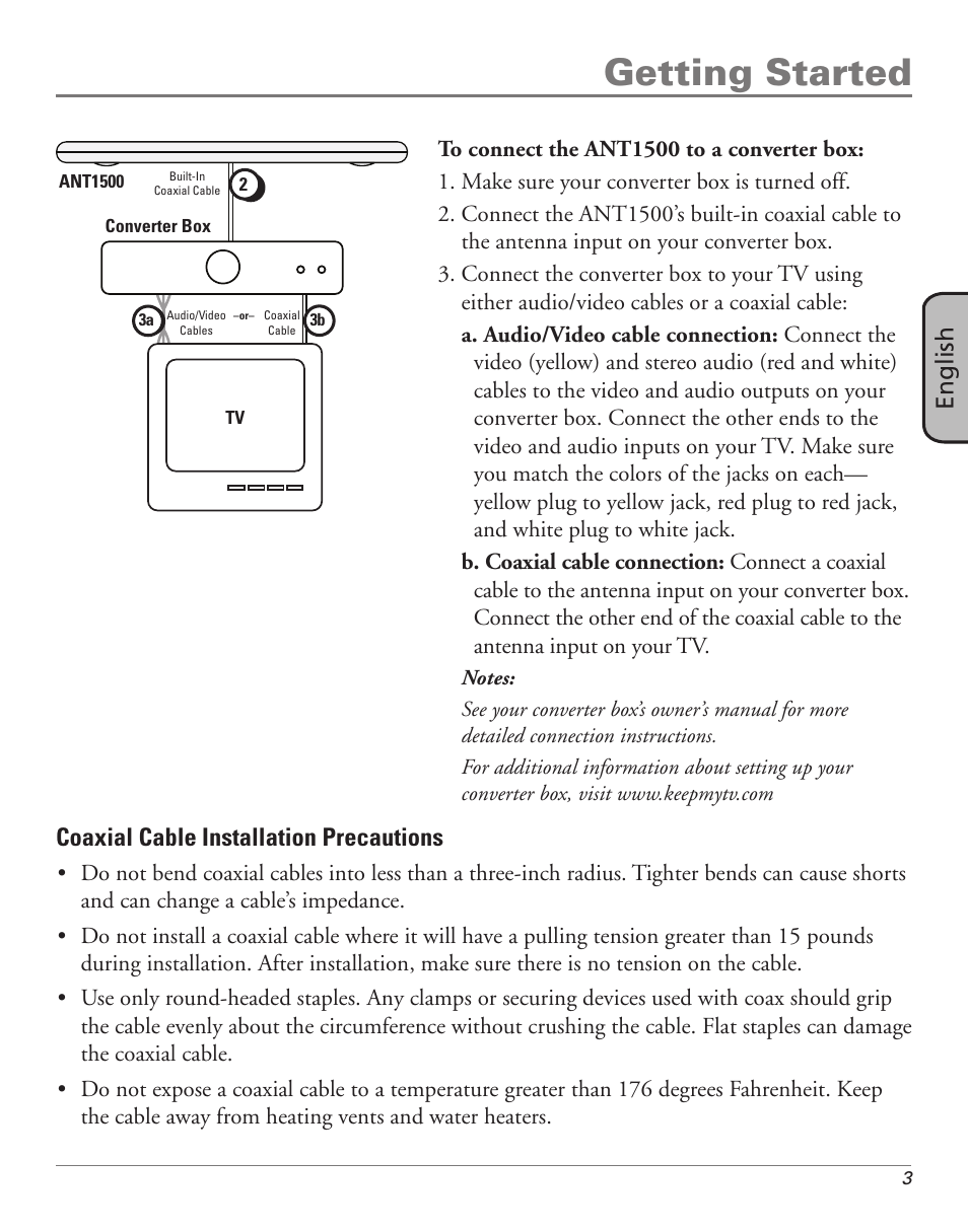 Getting started, English coaxial cable installation precautions | RCA ANT1500 User Manual | Page 3 / 8