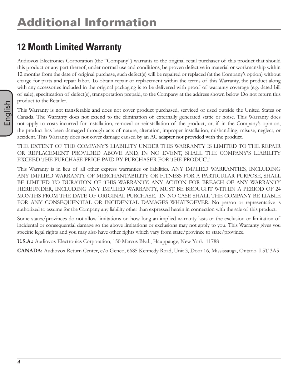 Additional information, 12 month limited warranty, English | RCA ANT1500 User Manual | Page 4 / 8