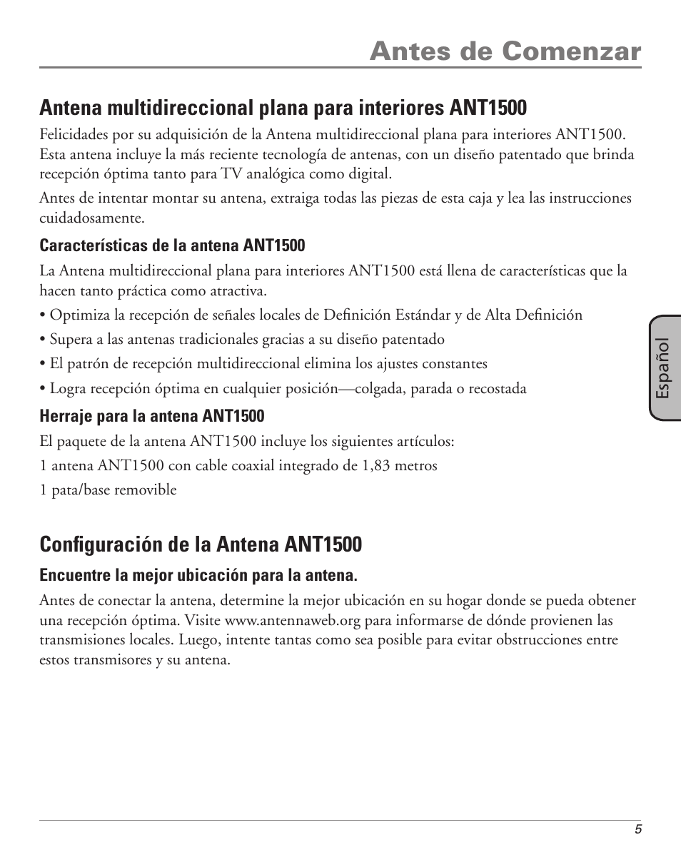 Antes de comenzar, Configuración de la antena ant1500 | RCA ANT1500 User Manual | Page 5 / 8