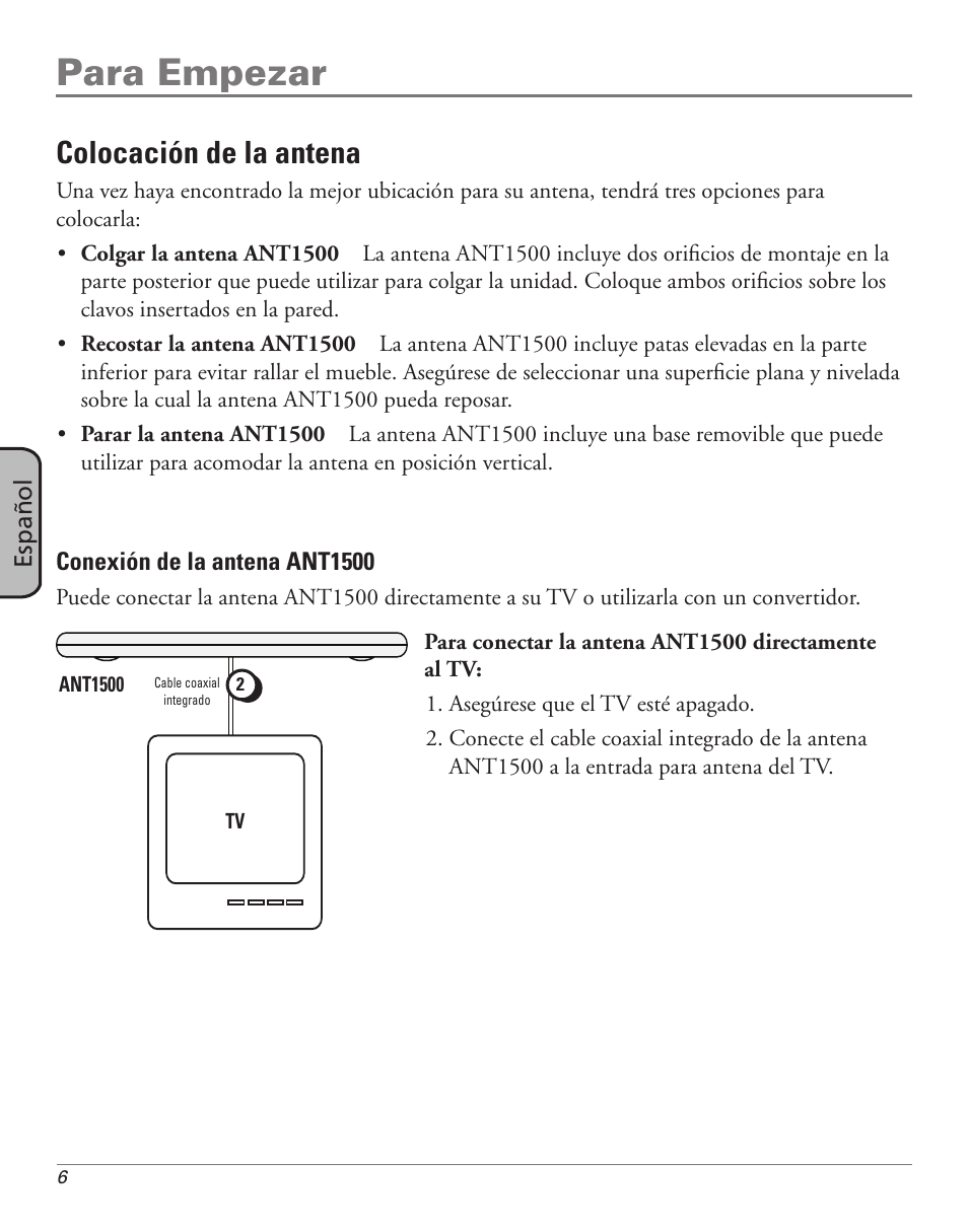 Para empezar, Colocación de la antena | RCA ANT1500 User Manual | Page 6 / 8