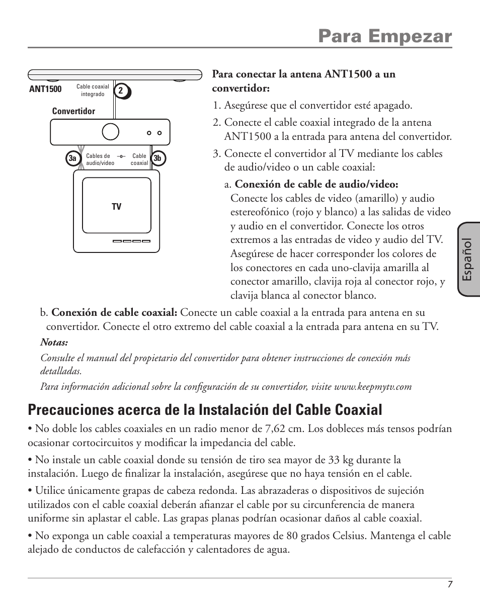 Para empezar, Español | RCA ANT1500 User Manual | Page 7 / 8