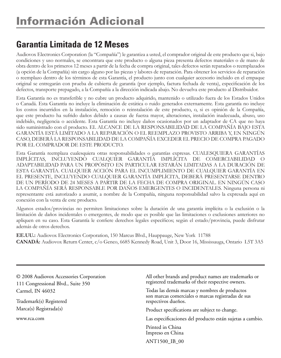 Información adicional, Garantía limitada de 12 meses | RCA ANT1500 User Manual | Page 8 / 8