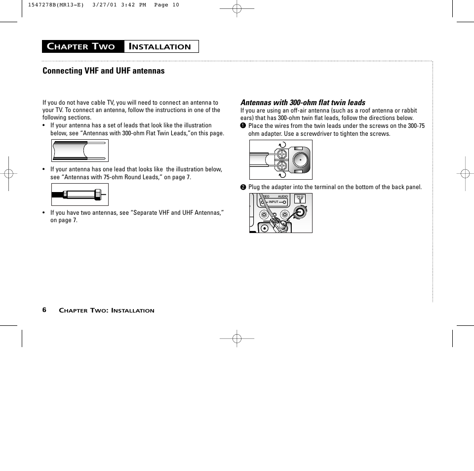 Connecting vhf and uhf antennas, Antennas with 300-ohm flat twin leads | RCA MR13401 User Manual | Page 10 / 32