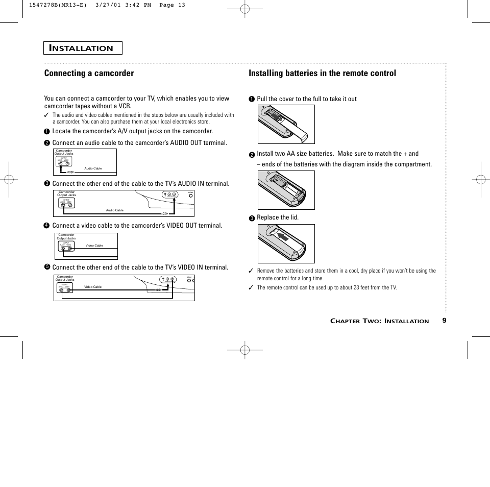 Connecting a camcorder, Installing batteries in the remote control, Nstallation | RCA MR13401 User Manual | Page 13 / 32