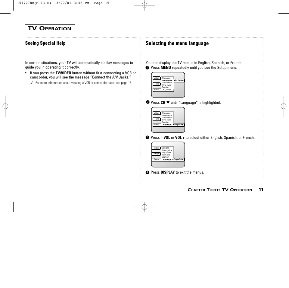 Selecting the menu language, Seeing special help, Peration | 11 c, Tv o | RCA MR13401 User Manual | Page 15 / 32