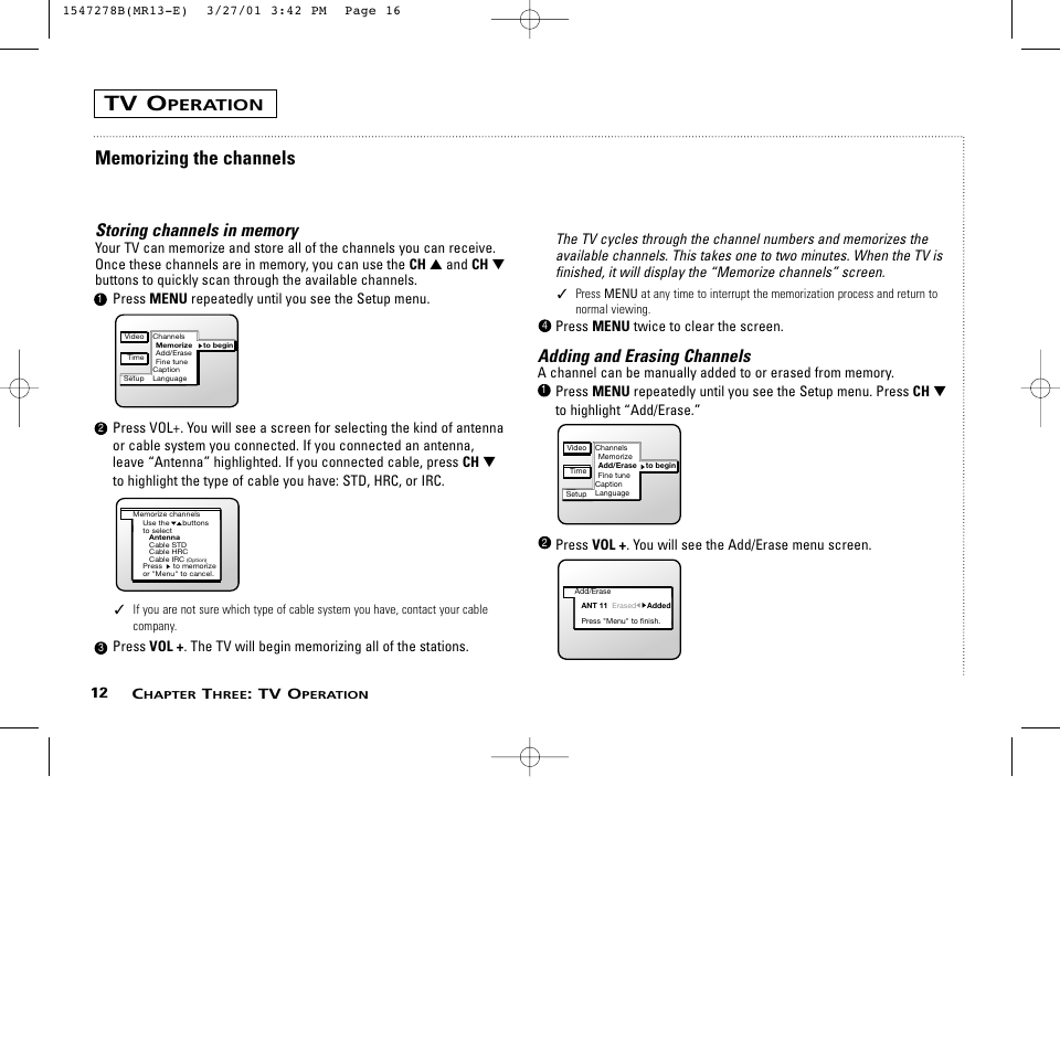 Tv o, Adding and erasing channels, Peration | 4press menu twice to clear the screen, 12 c | RCA MR13401 User Manual | Page 16 / 32