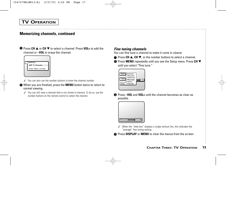 Tv o, Fine tuning channels, Peration | RCA MR13401 User Manual | Page 17 / 32