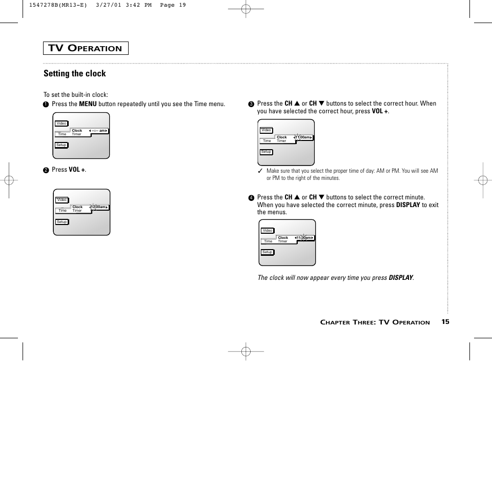 Setting the clock, Peration, 15 c | Tv o | RCA MR13401 User Manual | Page 19 / 32