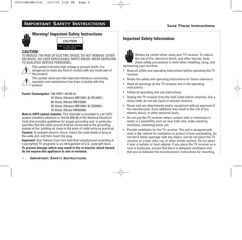 Warning! important safety instructions, Important safety information | RCA MR13401 User Manual | Page 2 / 32