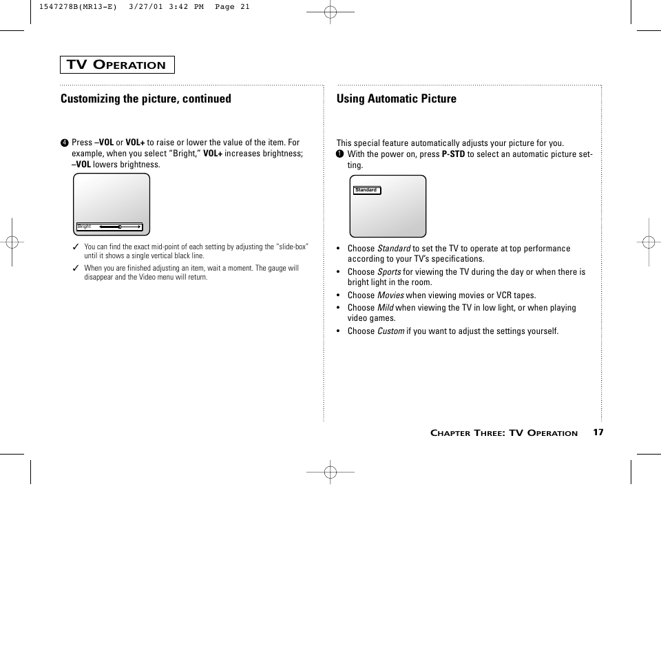 Tv o, Customizing the picture, continued, Using automatic picture | RCA MR13401 User Manual | Page 21 / 32