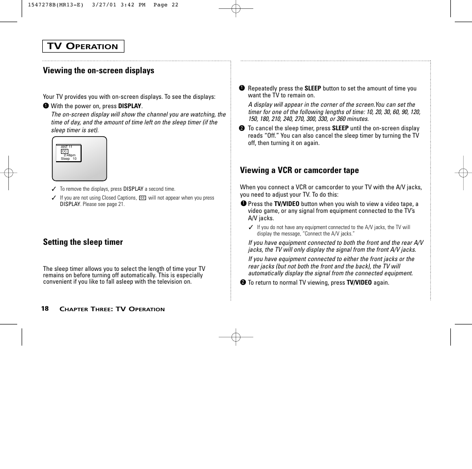 Tv o, Viewing the on-screen displays, Setting the sleep timer | Viewing a vcr or camcorder tape | RCA MR13401 User Manual | Page 22 / 32