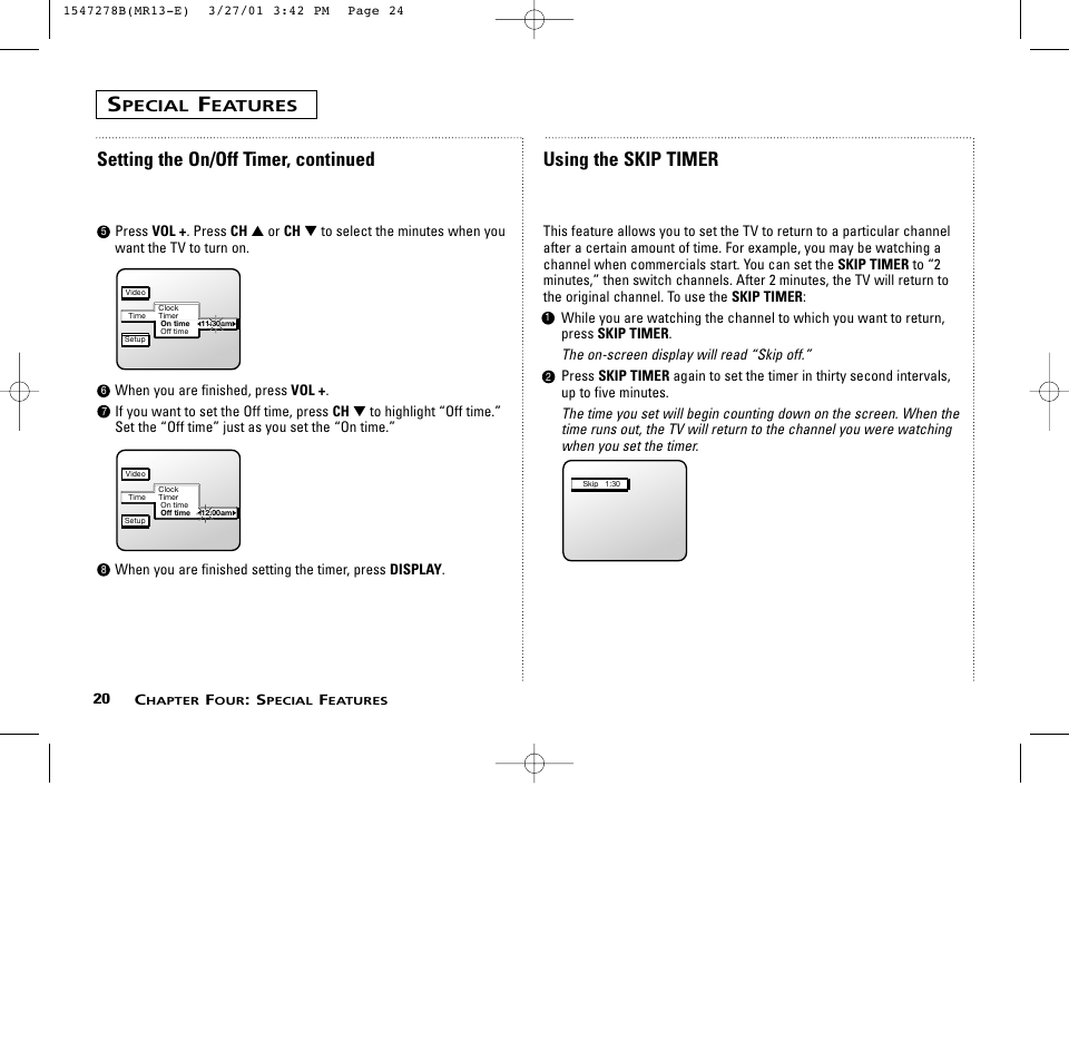 Setting the on/off timer, continued, Using the skip timer, Pecial | Eatures | RCA MR13401 User Manual | Page 24 / 32