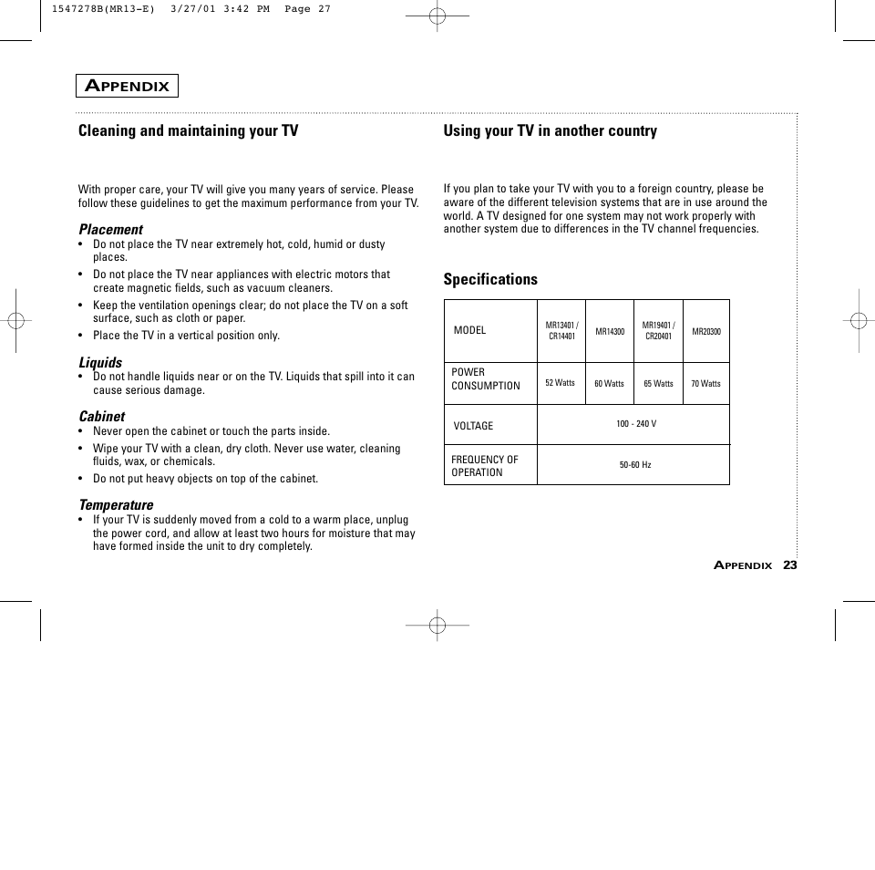 Cleaning and maintaining your tv, Using your tv in another country, Specifications | RCA MR13401 User Manual | Page 27 / 32