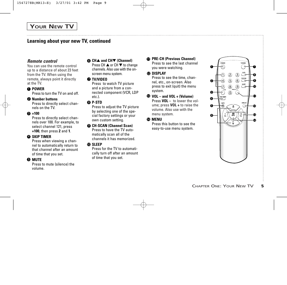 Learning about your new tv, continued, Remote control | RCA MR13401 User Manual | Page 9 / 32