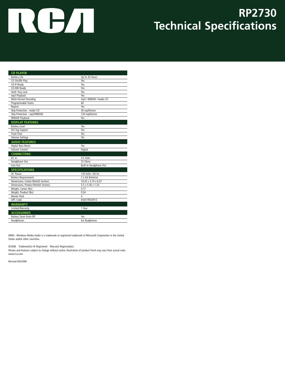 Rp2730 technical specifications | RCA RP2730 User Manual | Page 2 / 2