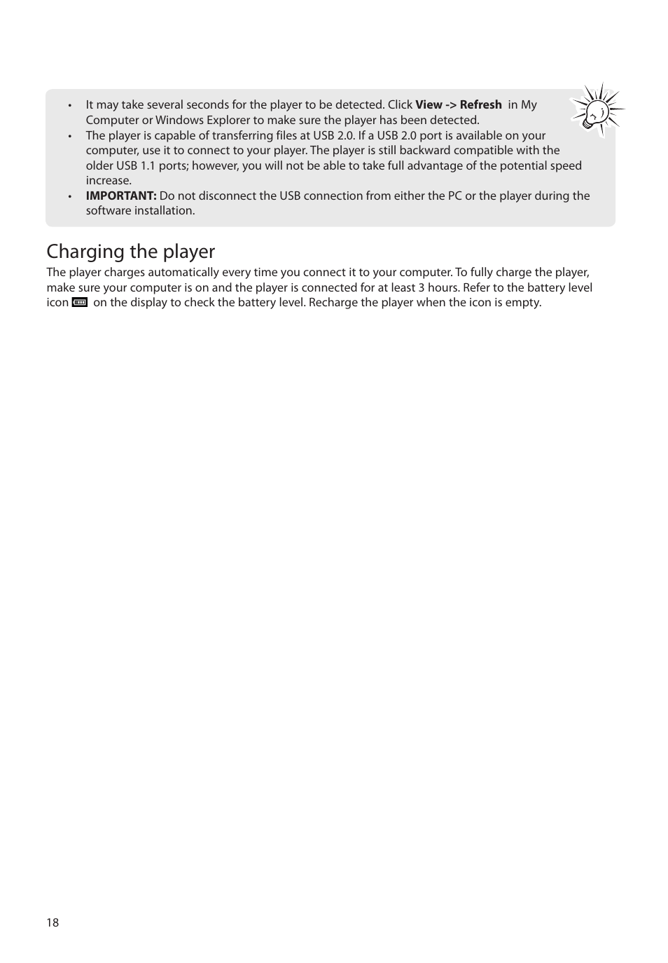 Charging the player | RCA M6316 User Manual | Page 19 / 45