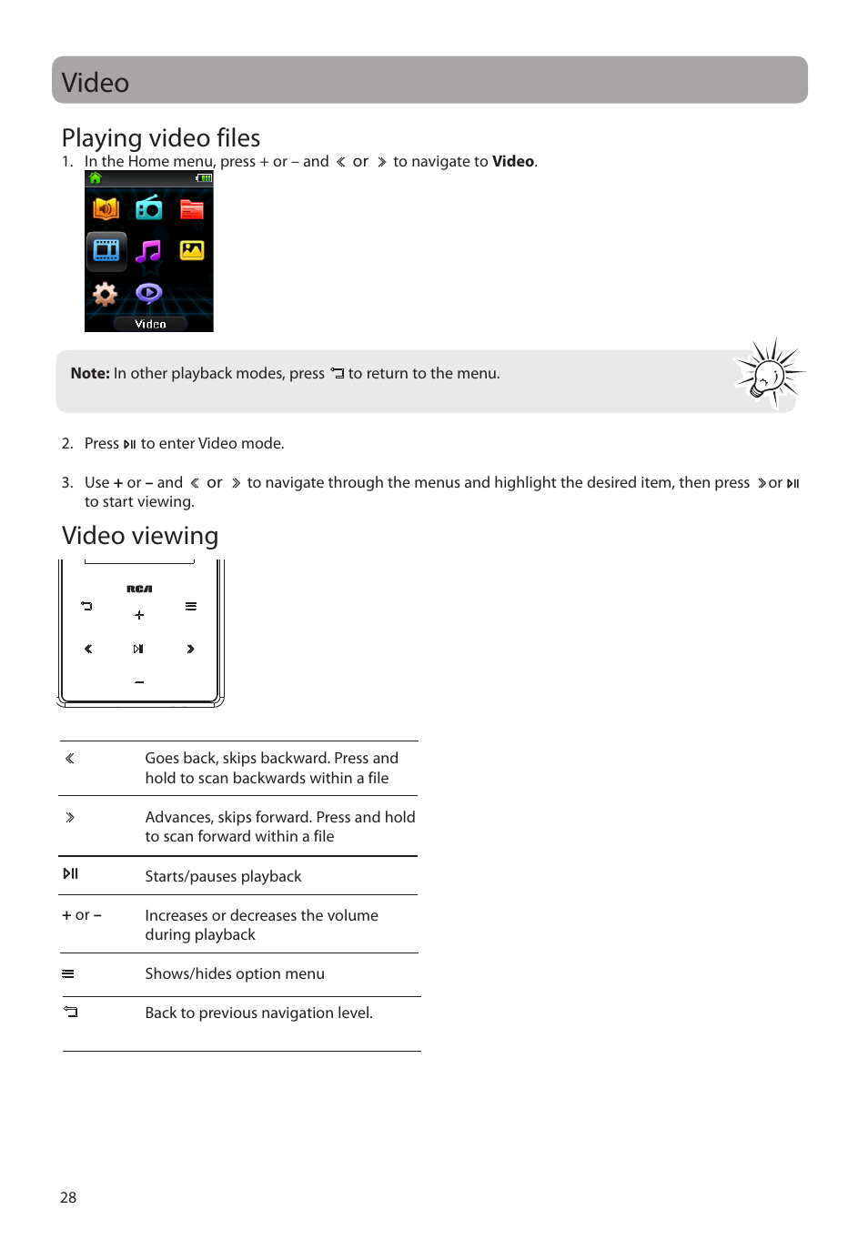 Video, Playing video files, Video viewing | RCA M6316 User Manual | Page 29 / 45