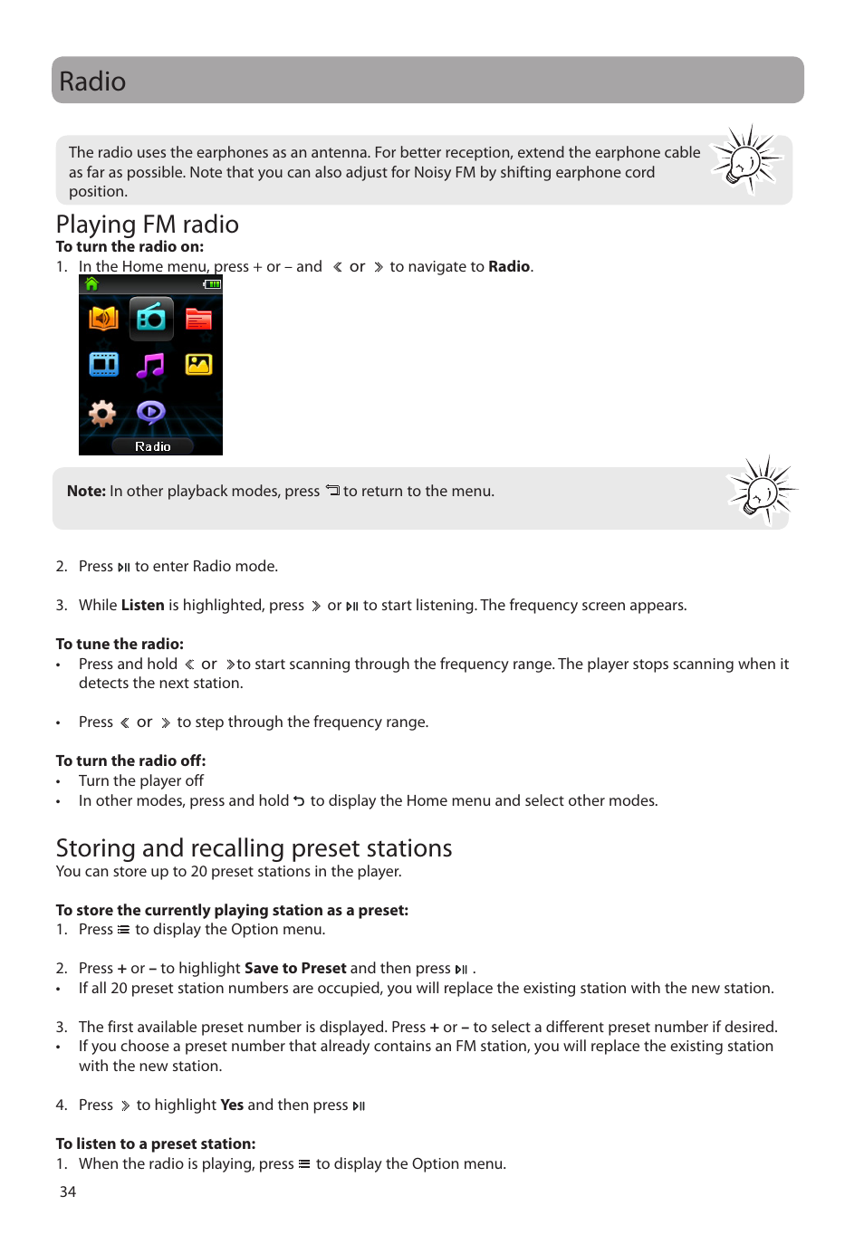 Radio, Playing fm radio, Storing and recalling preset stations | RCA M6316 User Manual | Page 35 / 45