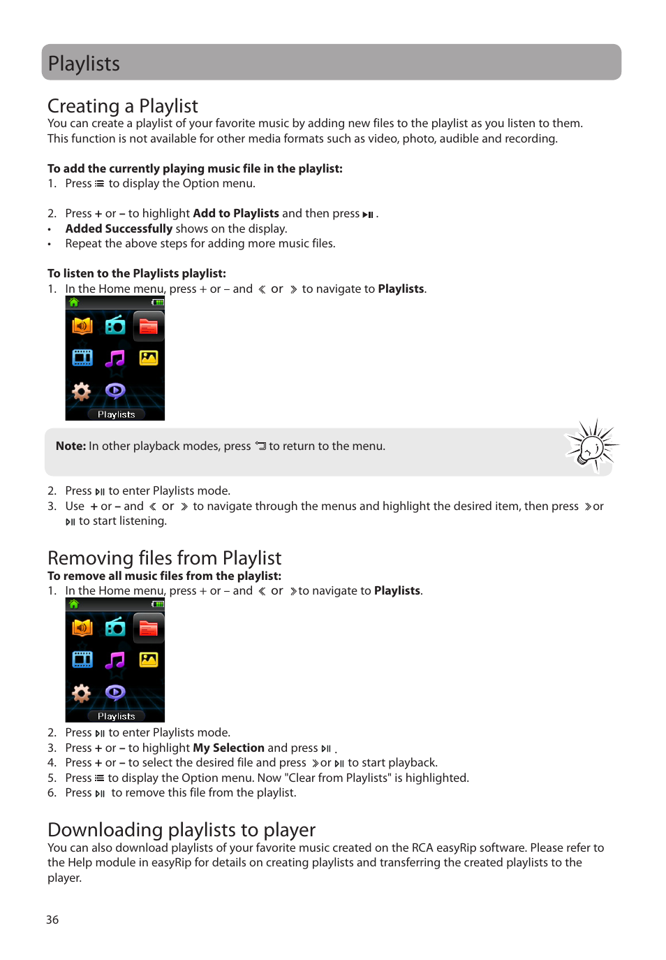 Playlists, Creating a playlist, Removing files from playlist | Downloading playlists to player | RCA M6316 User Manual | Page 37 / 45