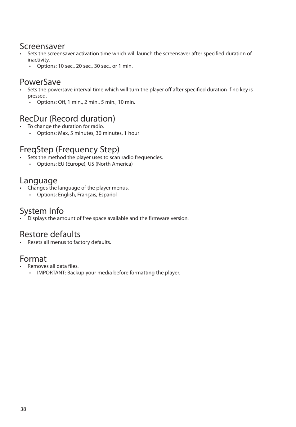 Screensaver, Powersave, Recdur (record duration) | Freqstep (frequency step), Language, System info, Restore defaults, Format | RCA M6316 User Manual | Page 39 / 45