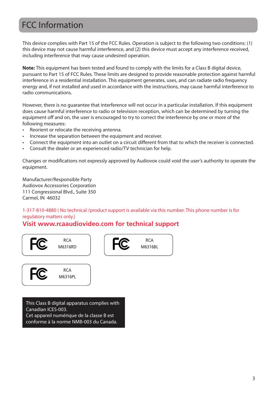 Fcc information | RCA M6316 User Manual | Page 4 / 45