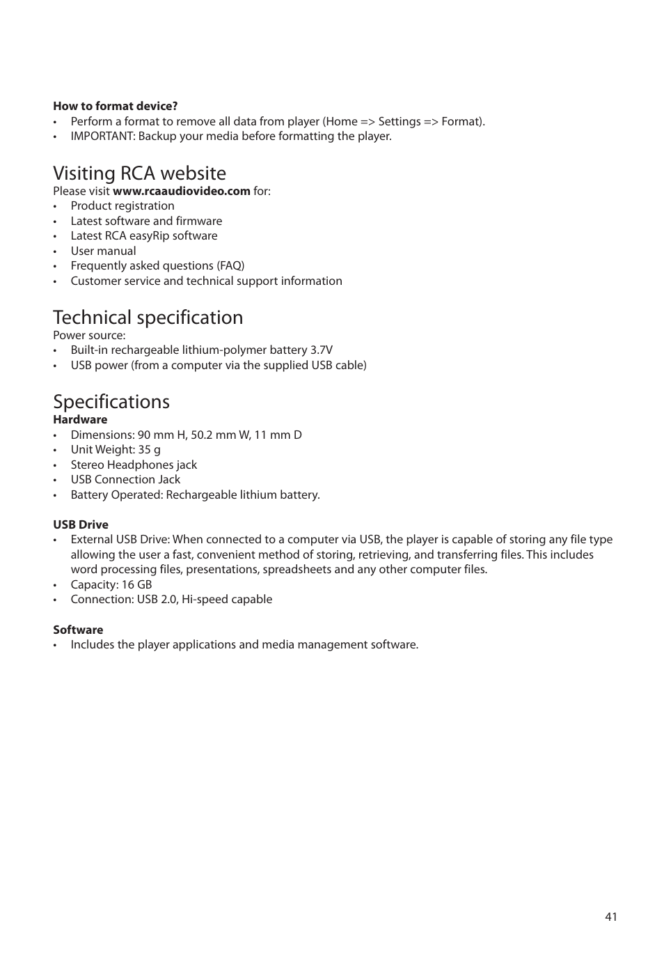 Visiting rca website, Technical specification, Specifications | RCA M6316 User Manual | Page 42 / 45