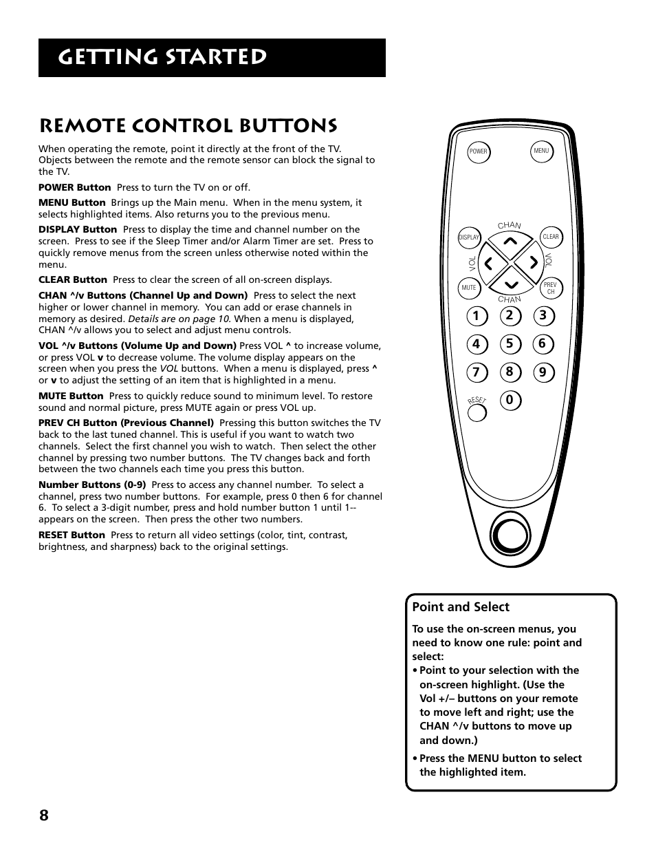 Remote control buttons, Getting started, Point and select | RCA E09344 User Manual | Page 10 / 20