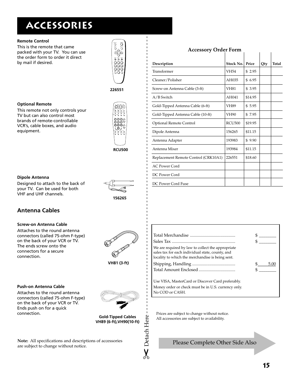 Accessories, Antenna cables, Accessory order form | RCA E09344 User Manual | Page 17 / 20