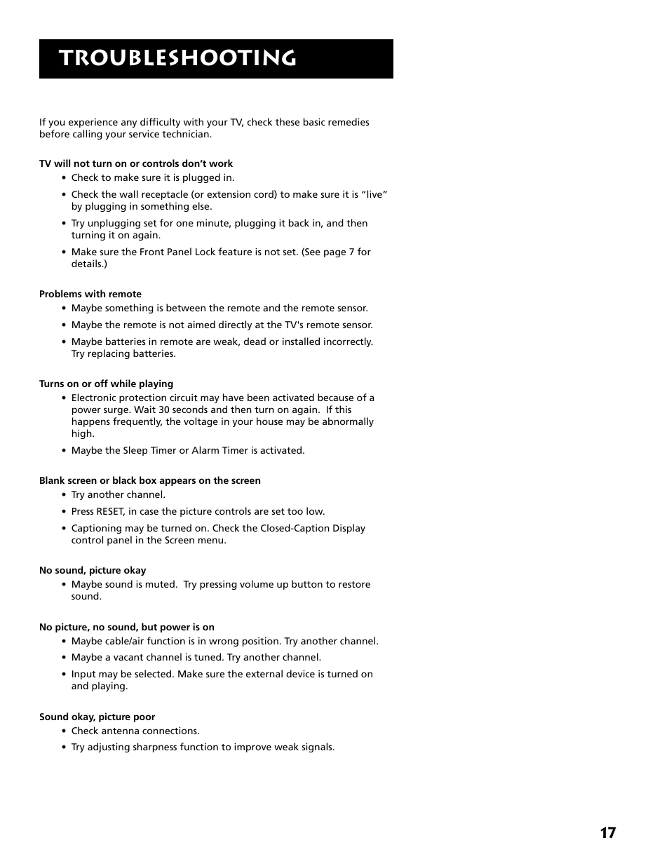 Troubleshooting | RCA E09344 User Manual | Page 19 / 20