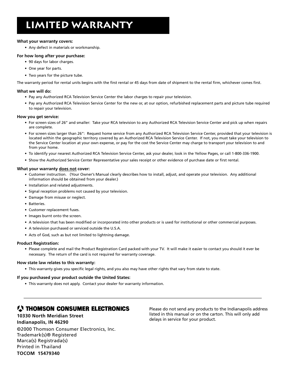 Limited warranty | RCA E09344 User Manual | Page 20 / 20