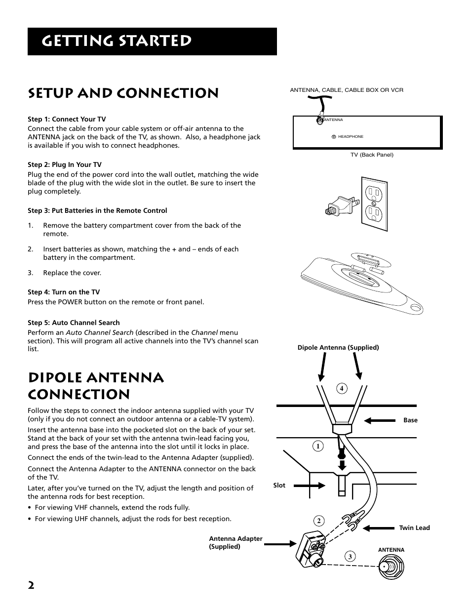 Getting started, Setup and connection, Dipole antenna connection | RCA E09344 User Manual | Page 4 / 20