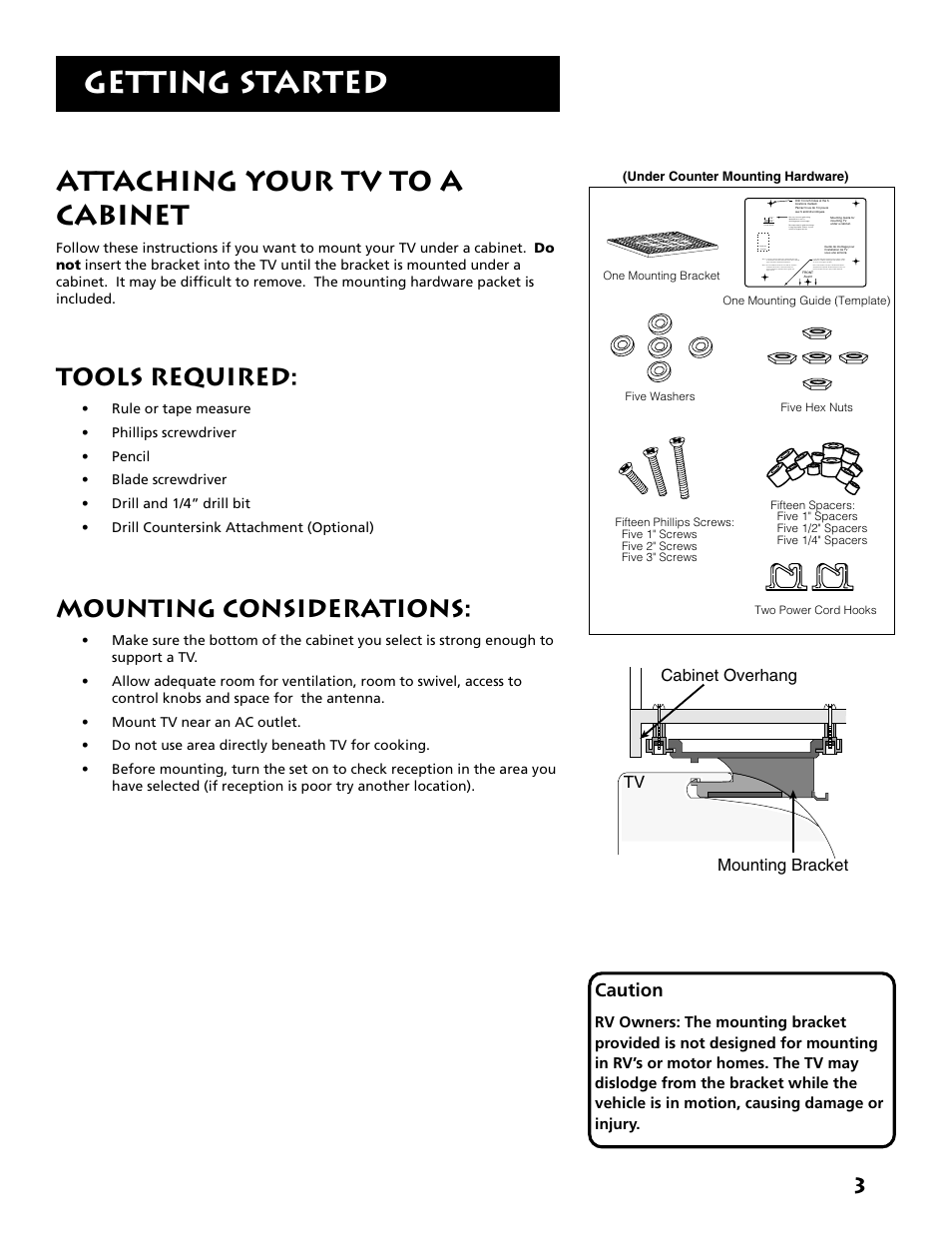 Attaching your tv to a cabinet, Tools required, Mounting considerations | Getting started, Caution | RCA E09344 User Manual | Page 5 / 20