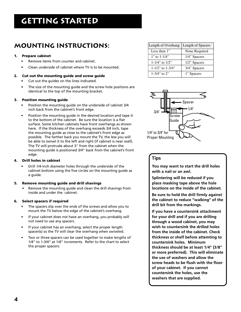 Mounting instructions, Getting started | RCA E09344 User Manual | Page 6 / 20