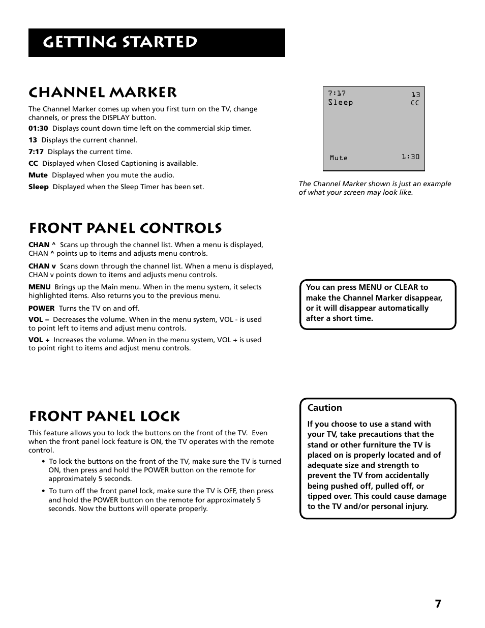 Channel marker, Front panel controls, Front panel lock | Getting started | RCA E09344 User Manual | Page 9 / 20