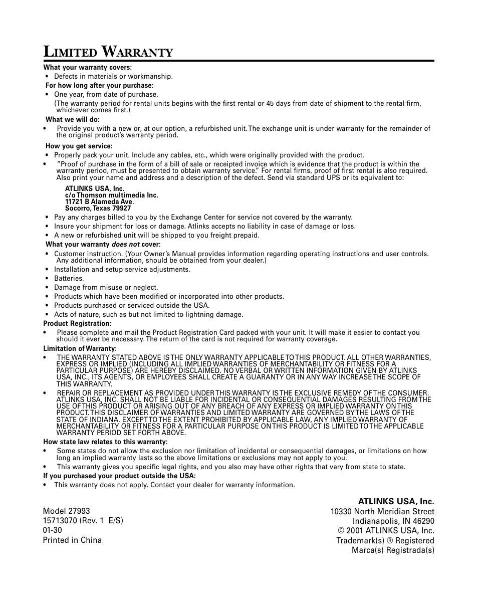 Imited, Arranty | RCA 27993 User Manual | Page 38 / 38