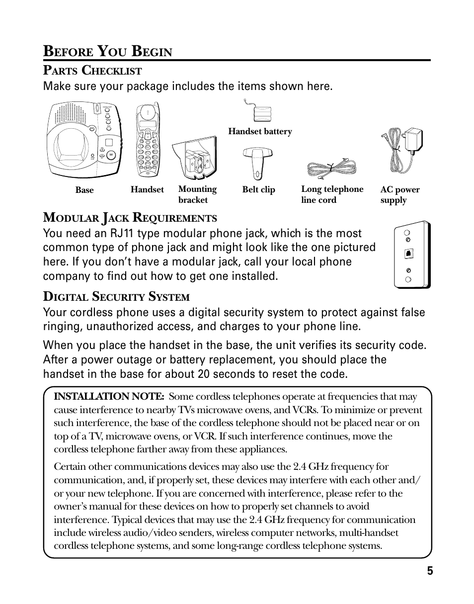 Efore, Egin, Arts | Hecklist, Odular, Equirements, Igital, Ecurity, Ystem, Belt clip base | RCA 27993 User Manual | Page 5 / 38