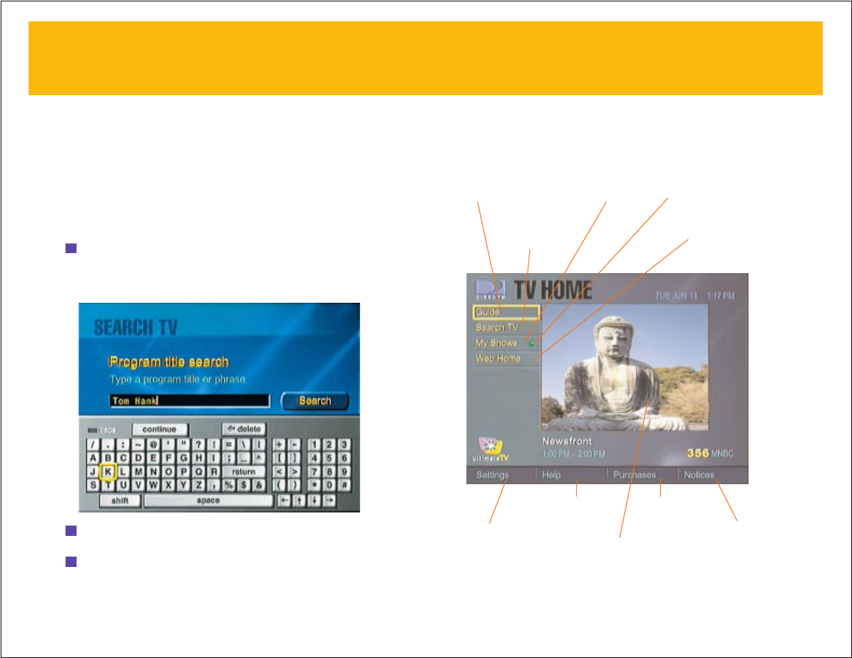On-screen keyboard, Tv home | RCA DIRECTTV Receiver with Ultimate TV Service 980-04038-800 User Manual | Page 8 / 55