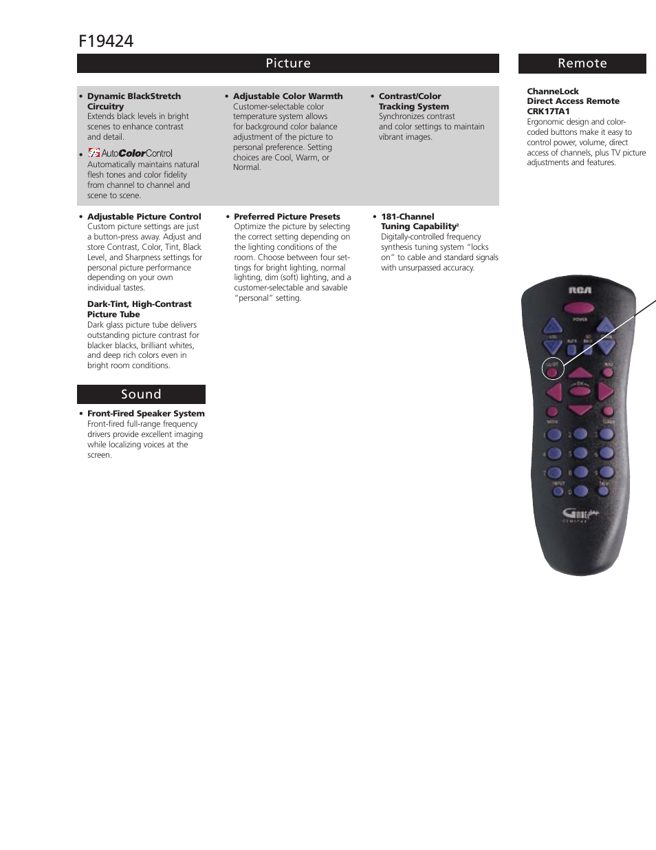 Picture remote sound | RCA F19424 User Manual | Page 2 / 4