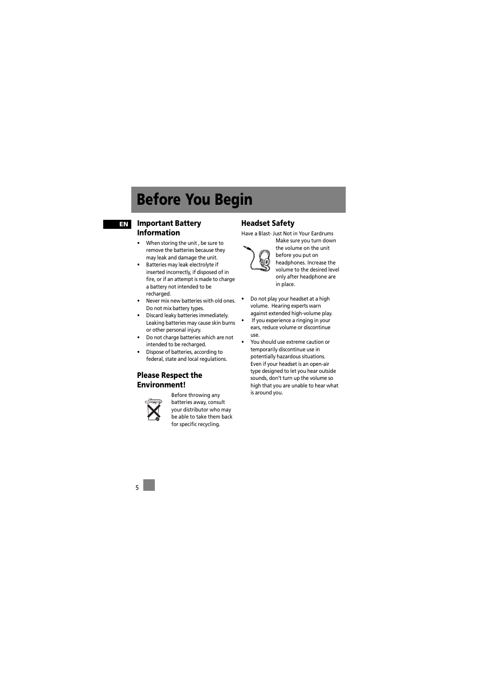 Before you begin, Important battery information, Please respect the environment | Headset safety | RCA RD2012 User Manual | Page 15 / 39