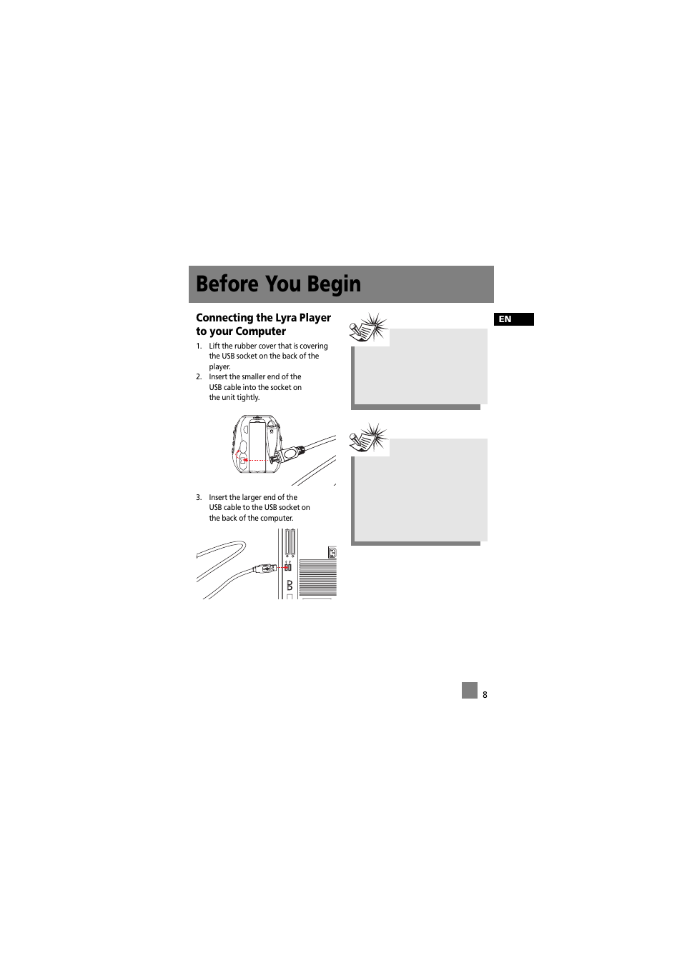 Before you begin, Connecting the lyra player to your computer | RCA RD2012 User Manual | Page 18 / 39