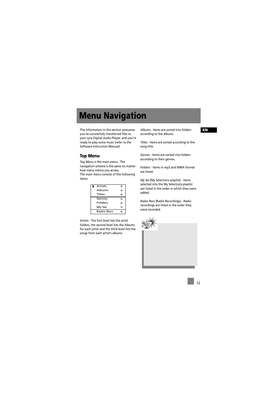 Menu navigation, Top menu | RCA RD2012 User Manual | Page 22 / 39