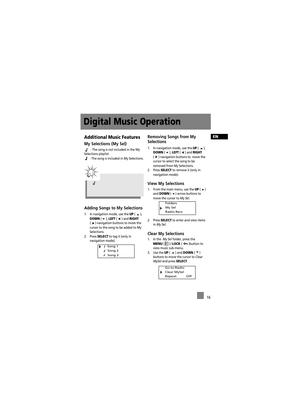 Digital music operation, Additional music features | RCA RD2012 User Manual | Page 26 / 39