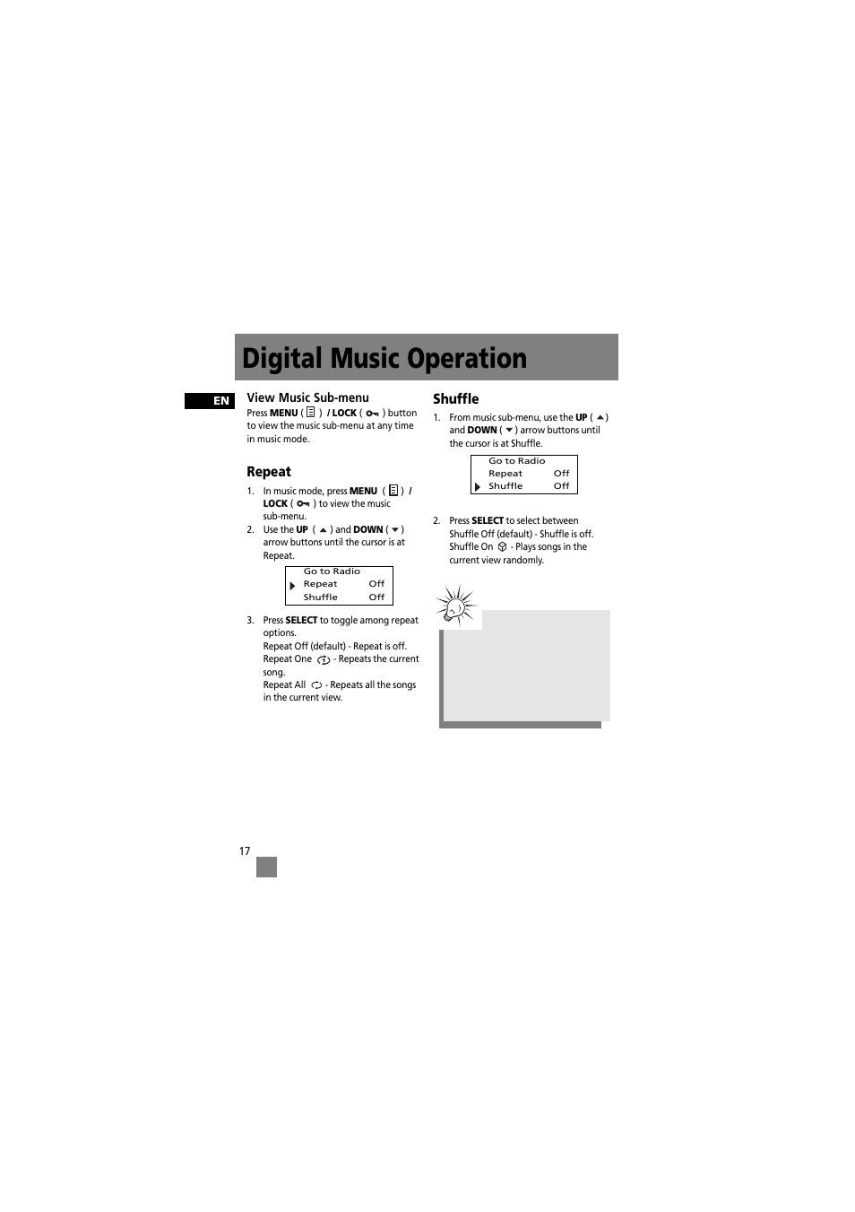 Digital music operation, Repeat, Shuffle | RCA RD2012 User Manual | Page 27 / 39