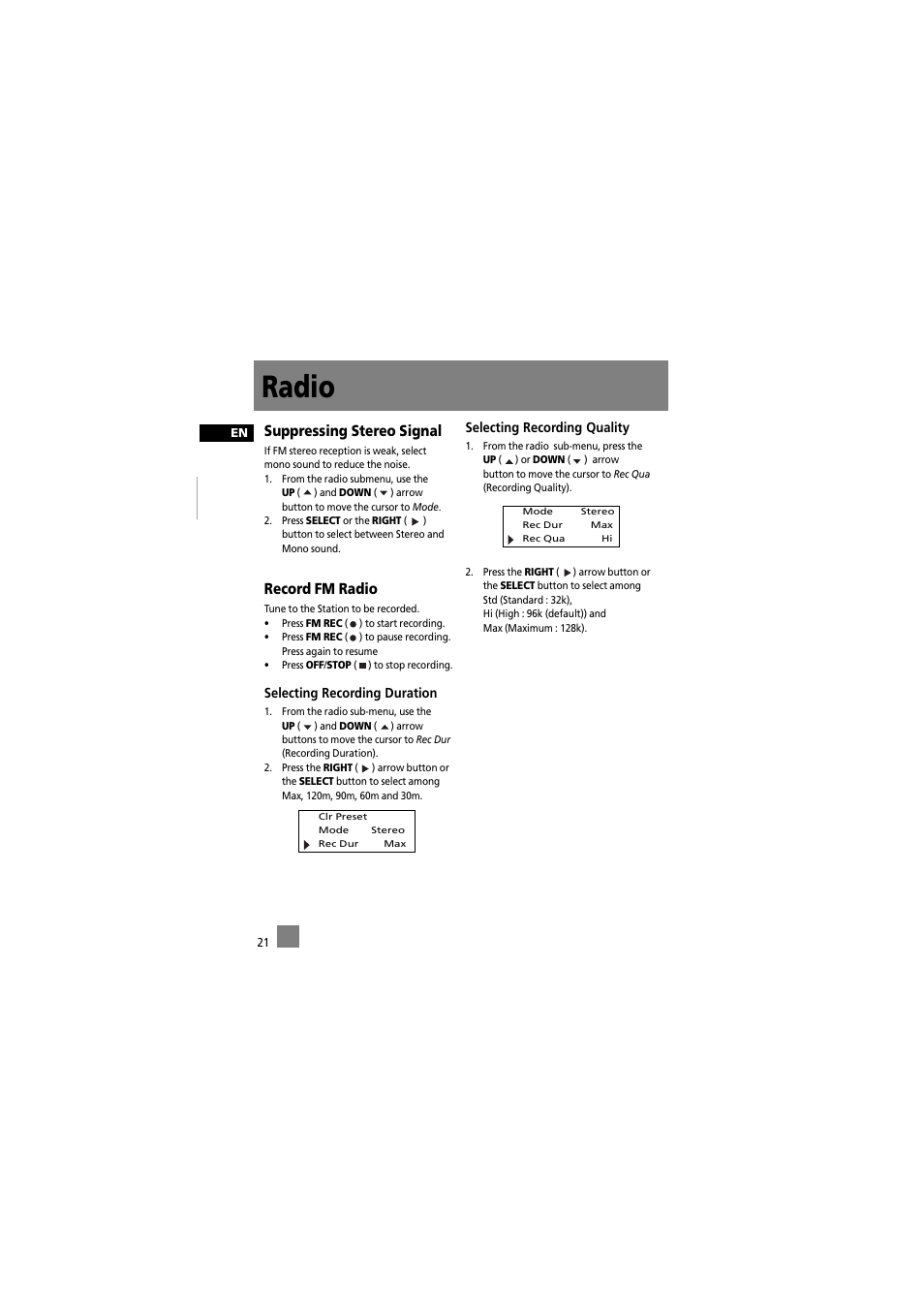 Radio, Suppressing stereo signal, Record fm radio | RCA RD2012 User Manual | Page 31 / 39
