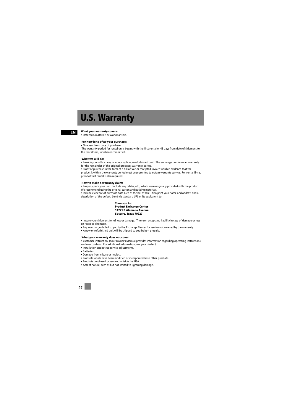 U.s. warranty | RCA RD2012 User Manual | Page 37 / 39