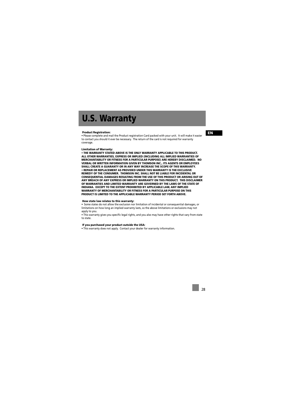 U.s. warranty | RCA RD2012 User Manual | Page 38 / 39