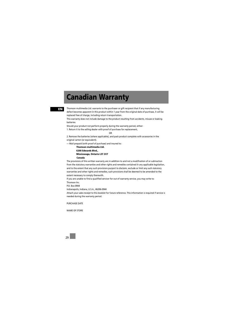Canadian warranty | RCA RD2012 User Manual | Page 39 / 39